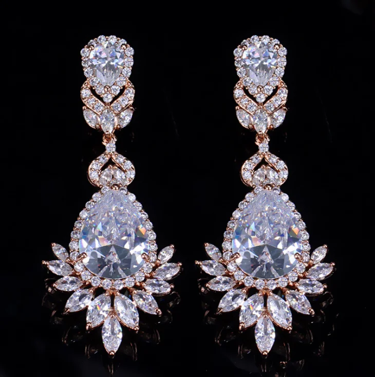 

High Quality Cubic Zirconia Rose Gold Color Big Long Dangle Drop Bridal Wedding Earrings Jewelry for Women
