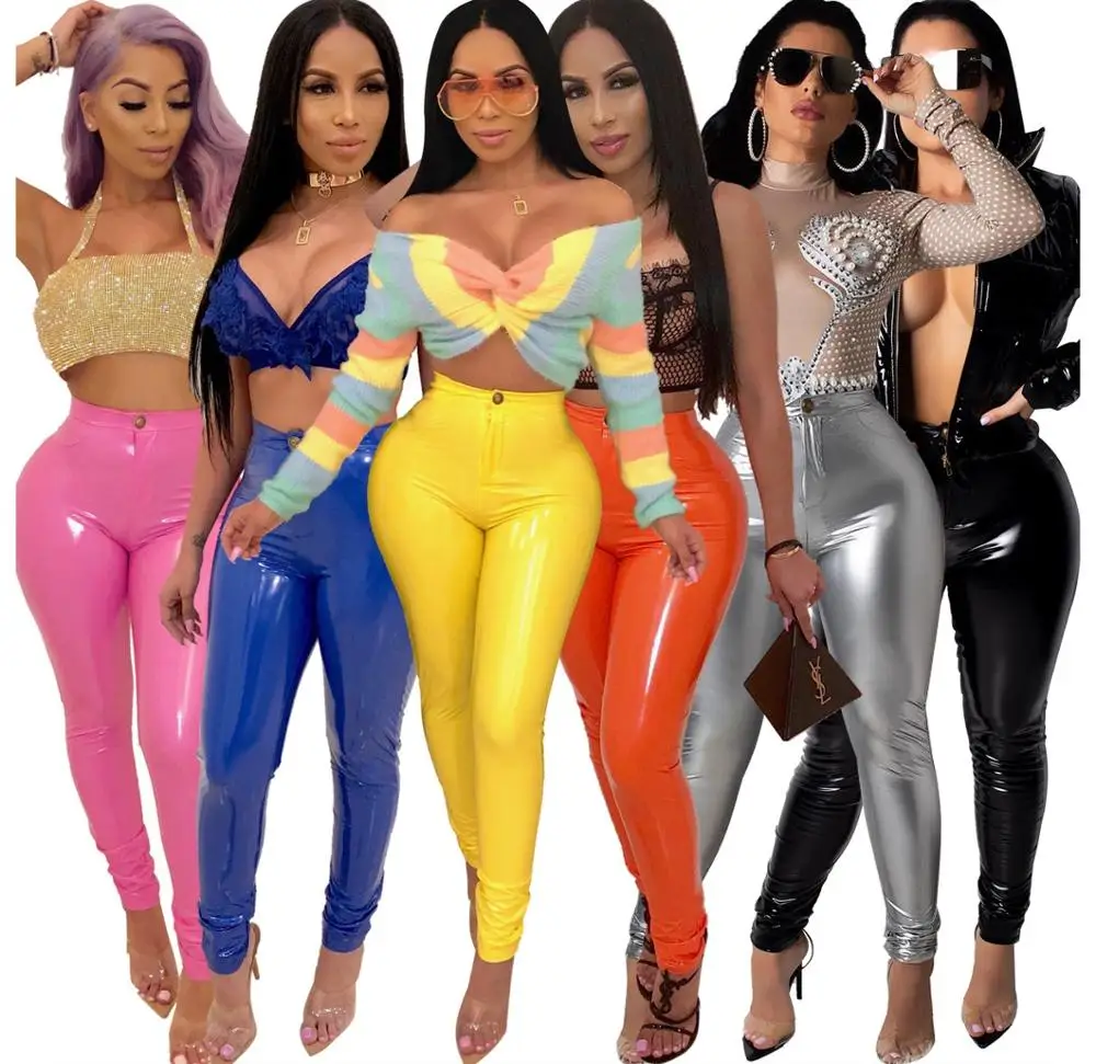 O2002 women sexy solid skinny pencil faux PU leather pants