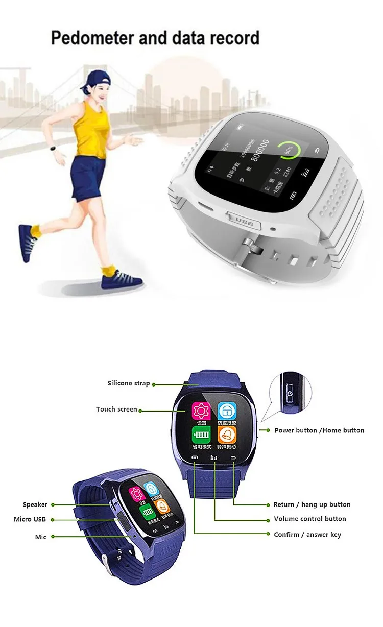 Cheap stopwatch Alarm clock pedometer smartwatch m26 smart watch