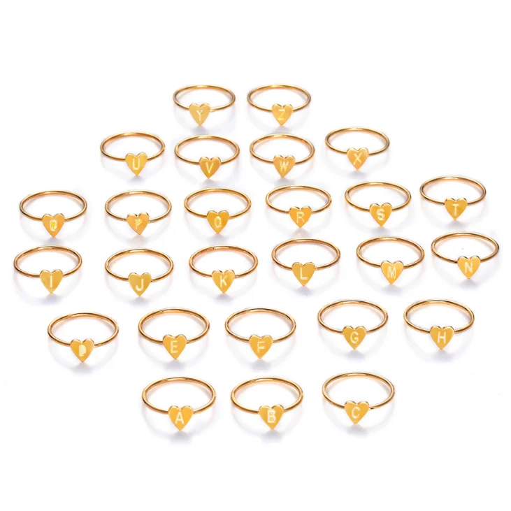 

valentines day gift minimalist ring silver gold heart shaped alphabet initial letter name ring, Picture