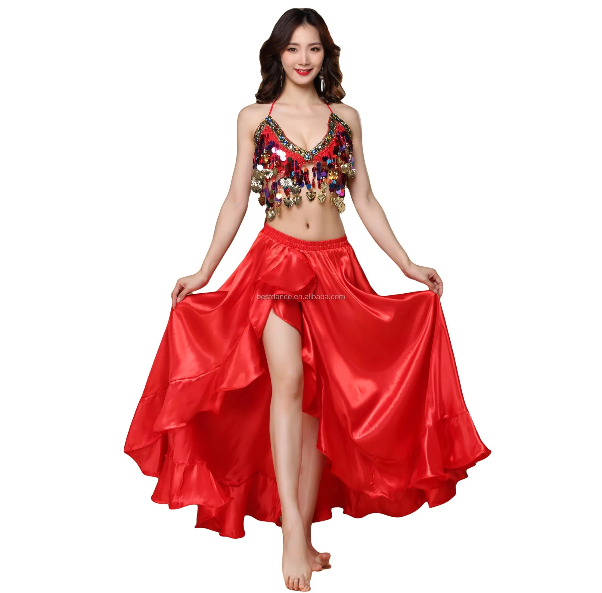 Bestdance Women Belly Dancing Split Wave Satin Skirt Sequin Top ...