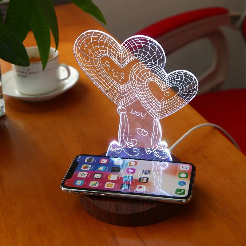 

2021 Hot Adjustable 3 Color Modes 3D Night Light Desk Lamp Wireless Charger
