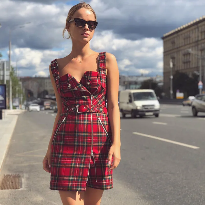 

Fashion Classic women clothing V-neck Dress clothing Sleeveless plaid dress