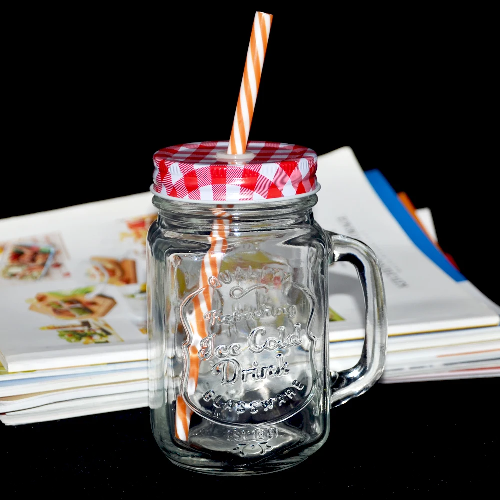 
500ml ice cold drink colored glass mason jar with straw metal lid 