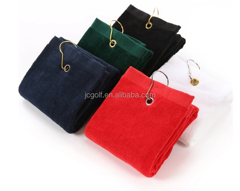 

Wholesales  cotton plain solid color trifold golf towel with metal hook and clip, Black, white, red, blue and green