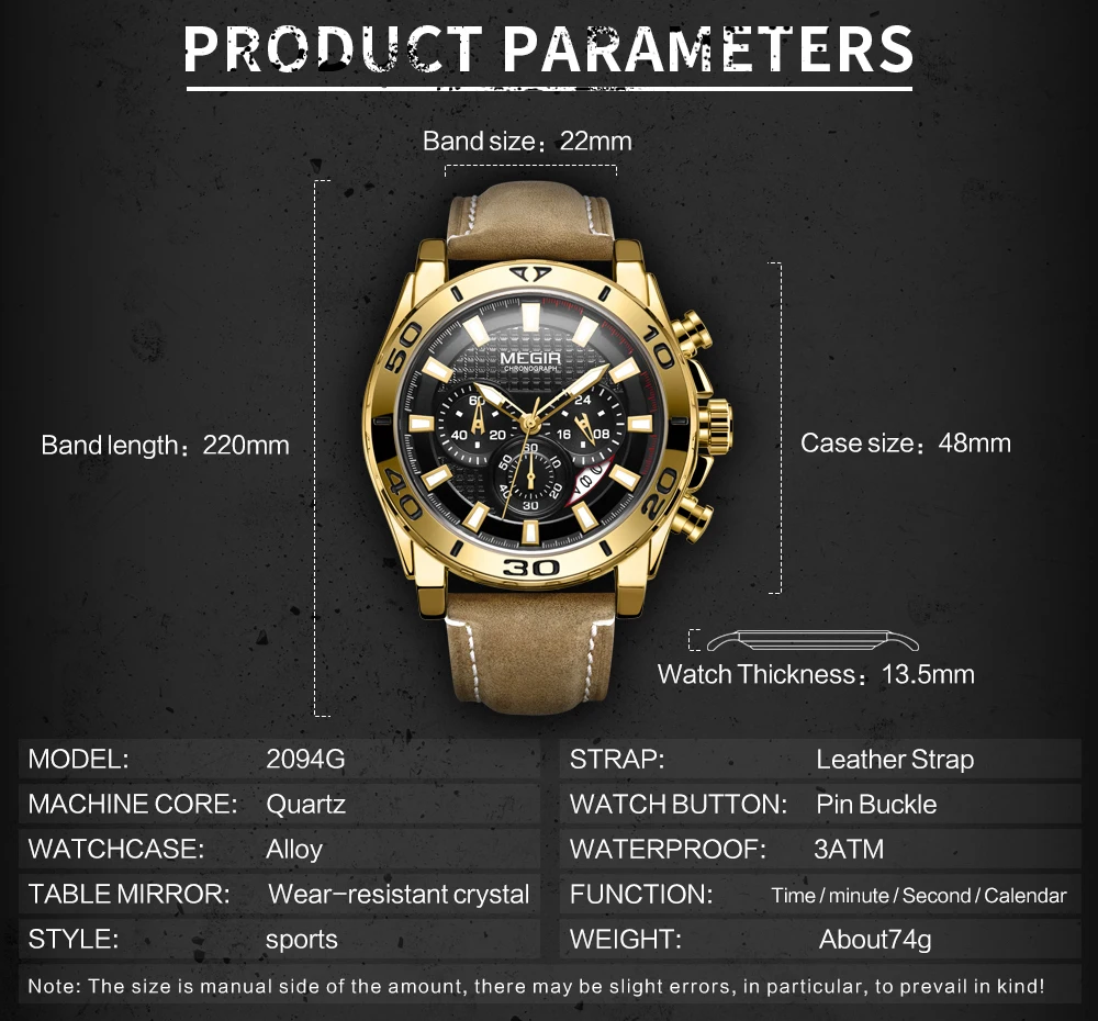 MEGIR — montre-bracelet en cuir pour hommes, accessoire à la mode, étanche, décontractée, lumineuse, à chronographe, 2094