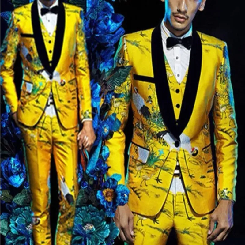 

Men Suits Yellow Floral Blazers Slim Fit Groom Wedding Prom Singer Stage Costume Business Male Tuxedo Set (Jacket+Pants+Vest)