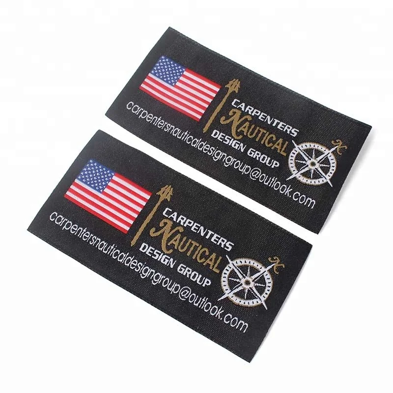 

Wholesale Custom Brand Name Flag Logo Straight Cut Sew on Machine Damask Woven Labels for Clothing, Follow pantone color chart