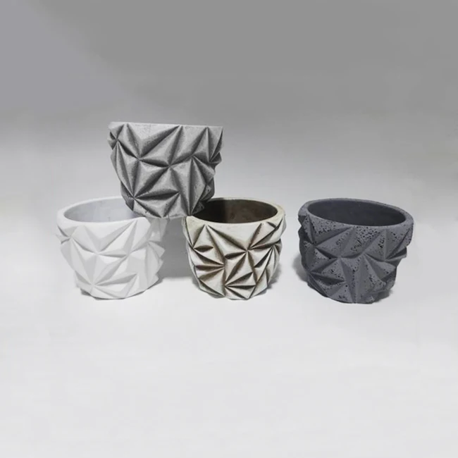 china supplier creative cement planter pot with 3D geometric pattern, concept mini succulent flower pot grey color for garden