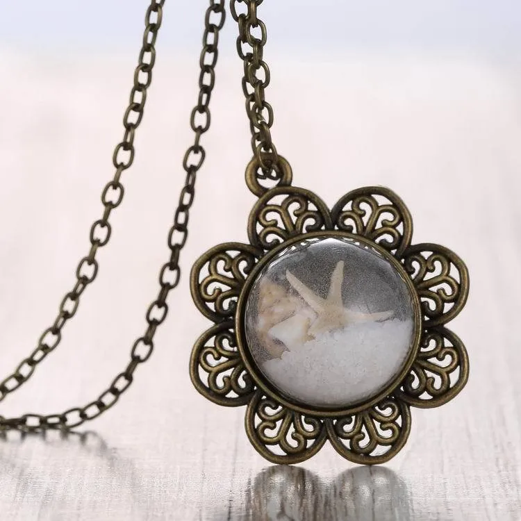 

Hollow-out Starfish Couch Glass Dome Cover Necklace Vintage Antique Copper Long Chain Pendant Necklace Jewelry
