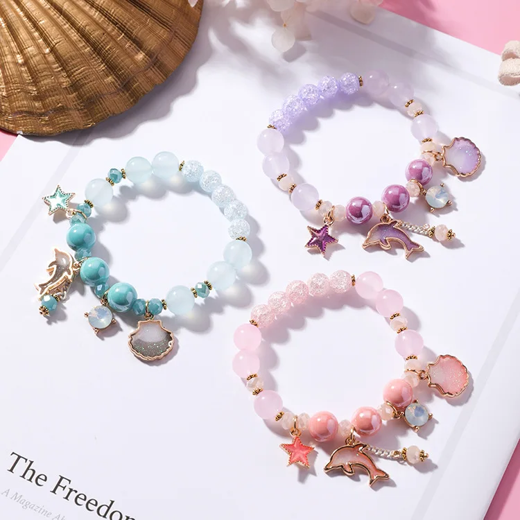 

Vacation Ocean Wind Shell Bracelet Dolphin Star Sweet Colorful Ceramic Beaded Bracelet For Women, 3 colors available