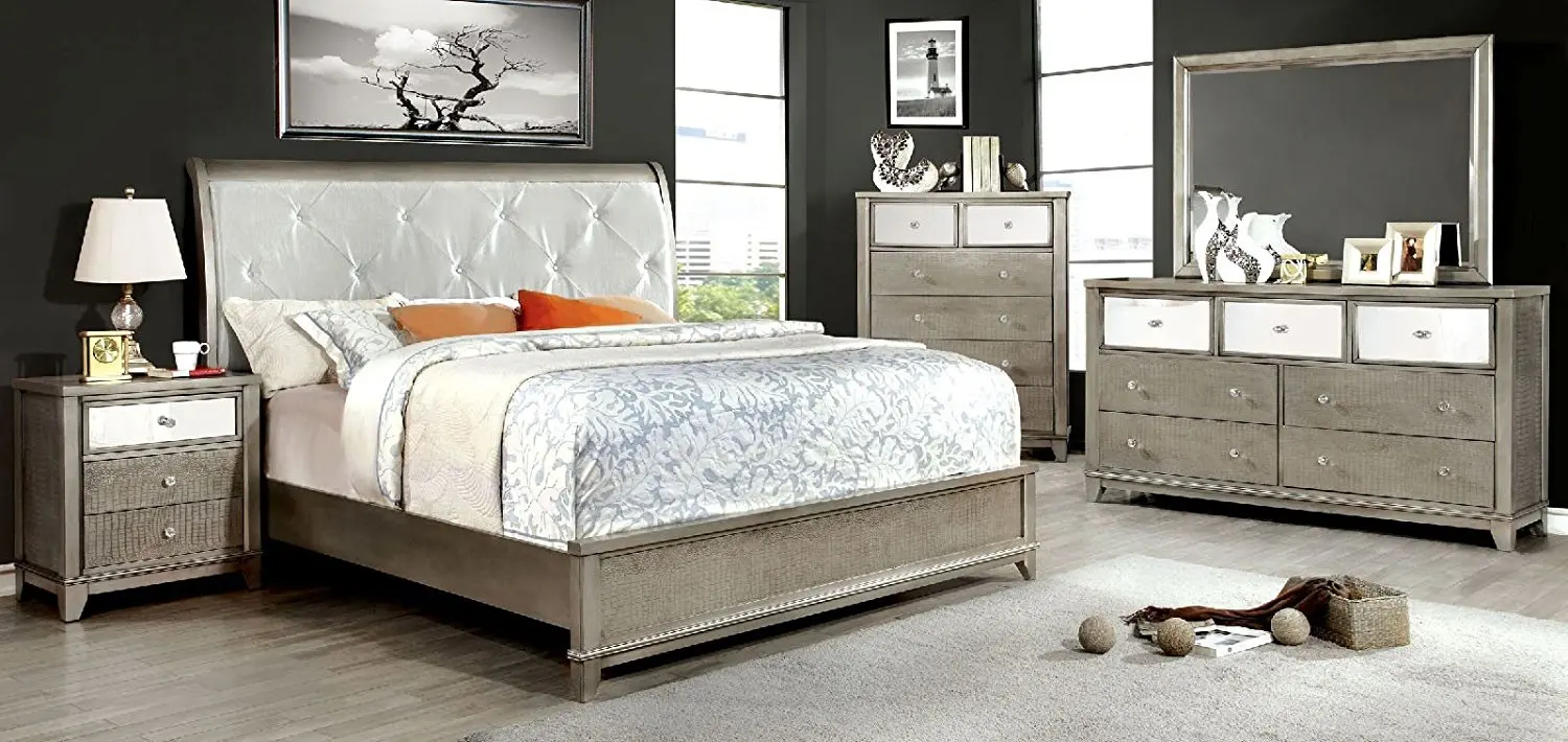 Buy Esofastore Bryant Collection Bedroom Furniture Silver Modern Platform Bed Padded Leatherette Hb Solid Wood Queen Size Bed Dresser Mirror Nightstand 4pc Set Button Tufted Bedframe In Cheap Price On Alibaba Com