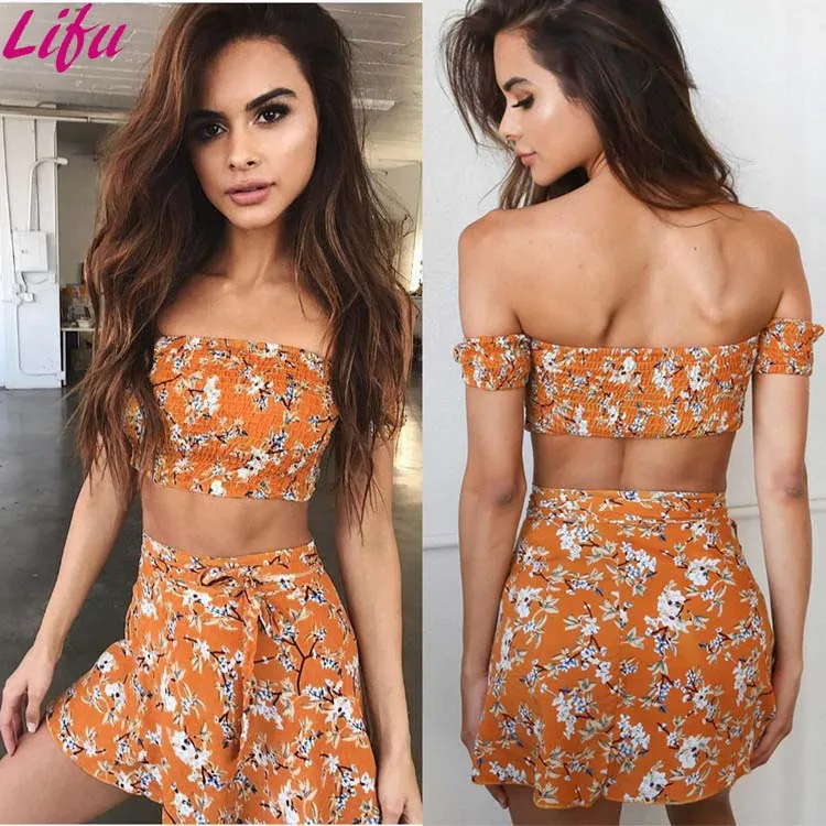 

Lifu Beach Dress Women Summer Clothes Women Floral Print 2 Piece Short Set Women, Orange