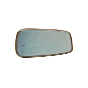 Image of Ceramic stoneware tapezoid shape plate for with grey blue reactive glaze for home and hotel