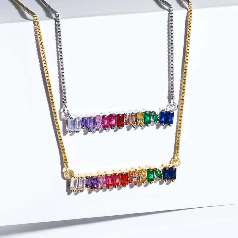 

Personalized 24K Gold Plated Rainbow Shine Zircon Tail Adjustable Custom Necklace Colorful Rainbow CZ Statement Necklace, Gold/silver