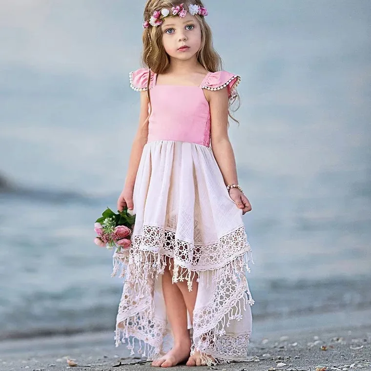 

2019 girls fly sleeve lace princess dress kids irregular hollowing lace floral backless dress, As picture