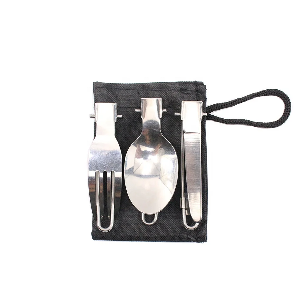 

Outdoor Stainless Steel Foldable Cutlery 3Pcs Set Portable Travel Spoon Fork Knife, Silver