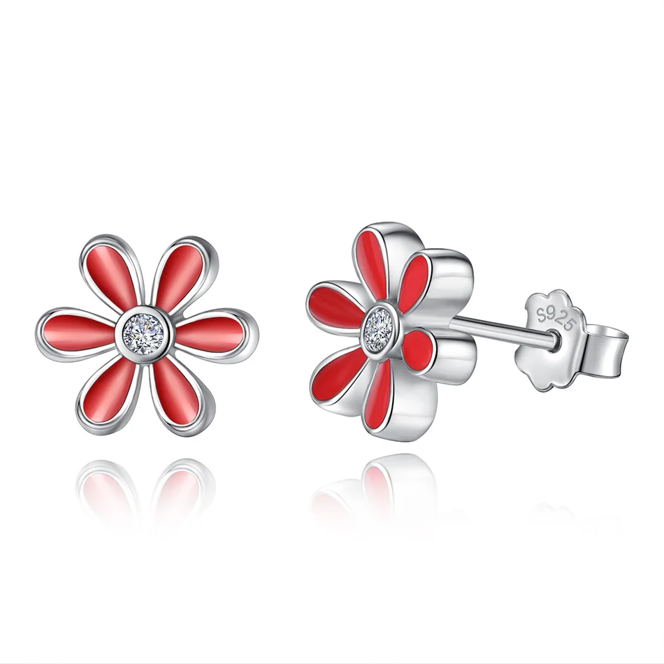 

Authentic 100% 925 Sterling Silver Earrings Anti-allergy Enamel Red Daisy Flower Stud Earrings for Women Daily Party Jewelry