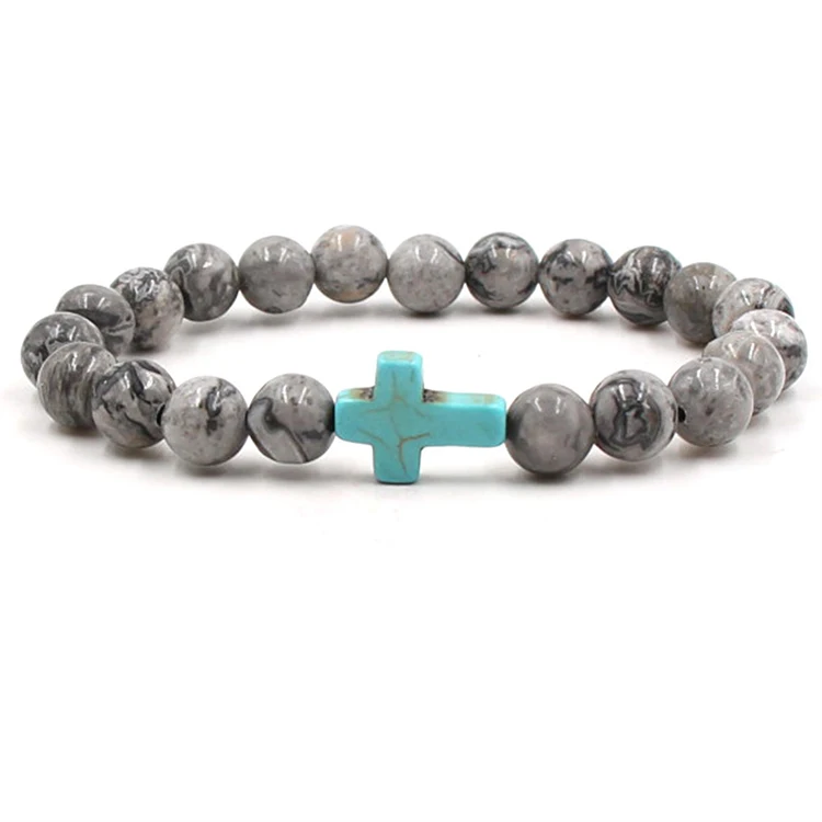 

2019 Hot 8mm Natural Stone Bracelet Women Men Fashion Beads Bracelet Turquoise Cross Bracelet (KB8080), As picture