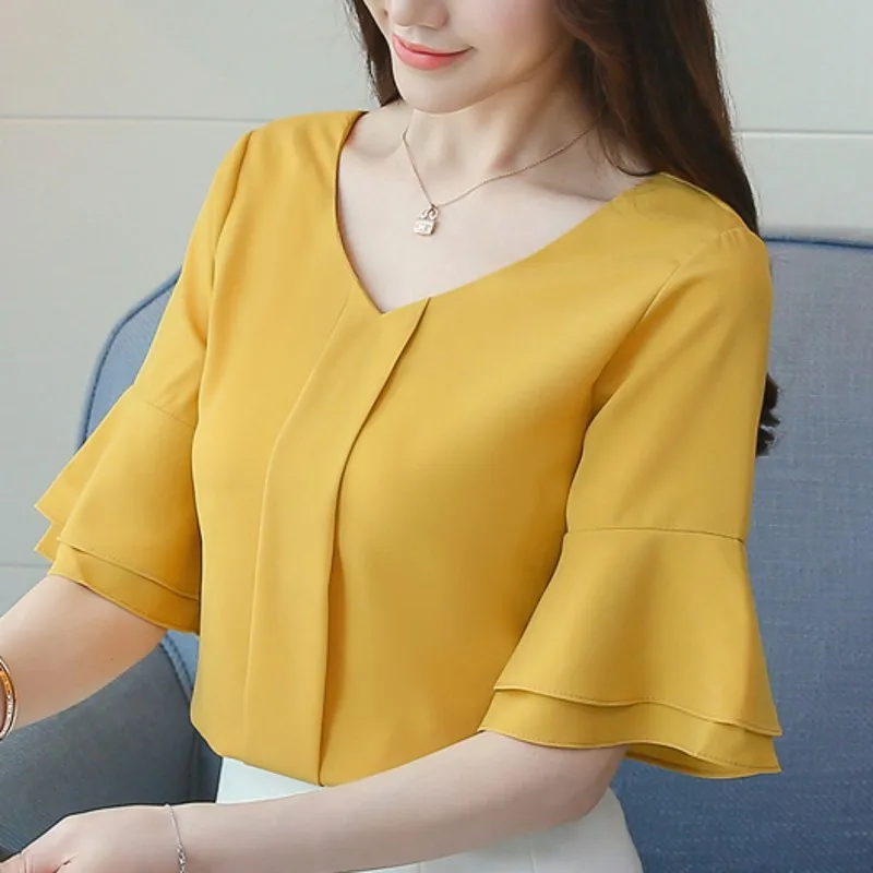 

2018 Womens Tops And Blouses Summer Flare Sleeve Chiffon Blouse Shirt Women Tops Ladies Work Wear Office Shirts