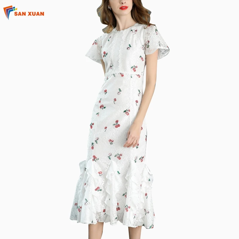 

High quality 2019 new slim hot wholesale cherry print O neck ruffle short sleeve women white lace fishtail party evening dress