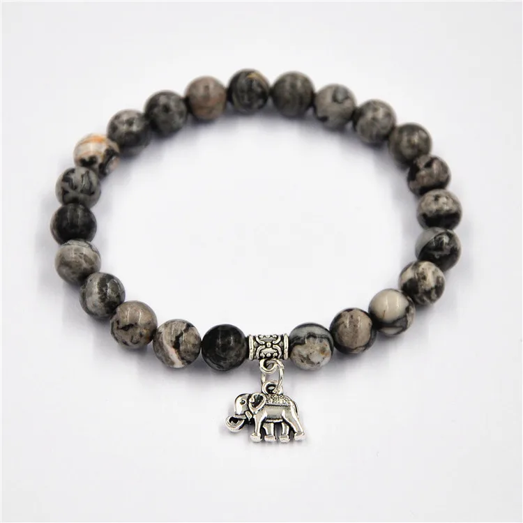 

MEN'S GIFT 8mm natural round smooth network jasper metal elephant Charms bracelet Black network gemstone beads