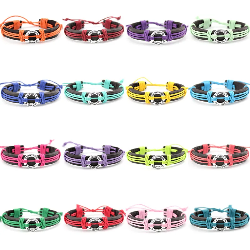 

Latest Cancer Survivor Support Awareness Ribbon Vintage Ring Charm Braided Wrap Genuine Leather Bracelet, Silver plated