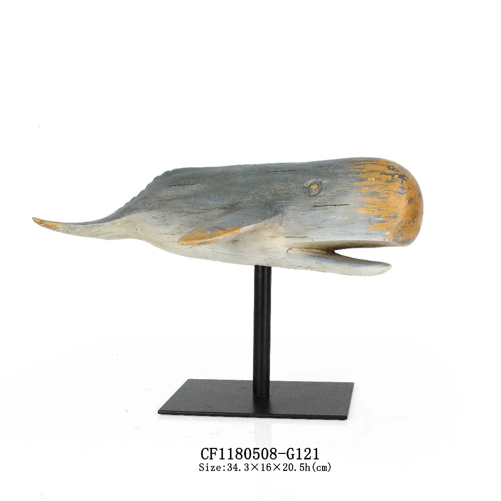 Artificial Resin Imitation Wooden Whale Sculpture with Metal Base Creative Gift details