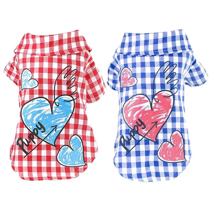 

Fashion Spring Summer Pet dog Clothes Cute Plaid Pattern Puppy Dog Cat T-Shirt With Heart Shape Printing, Blue;red
