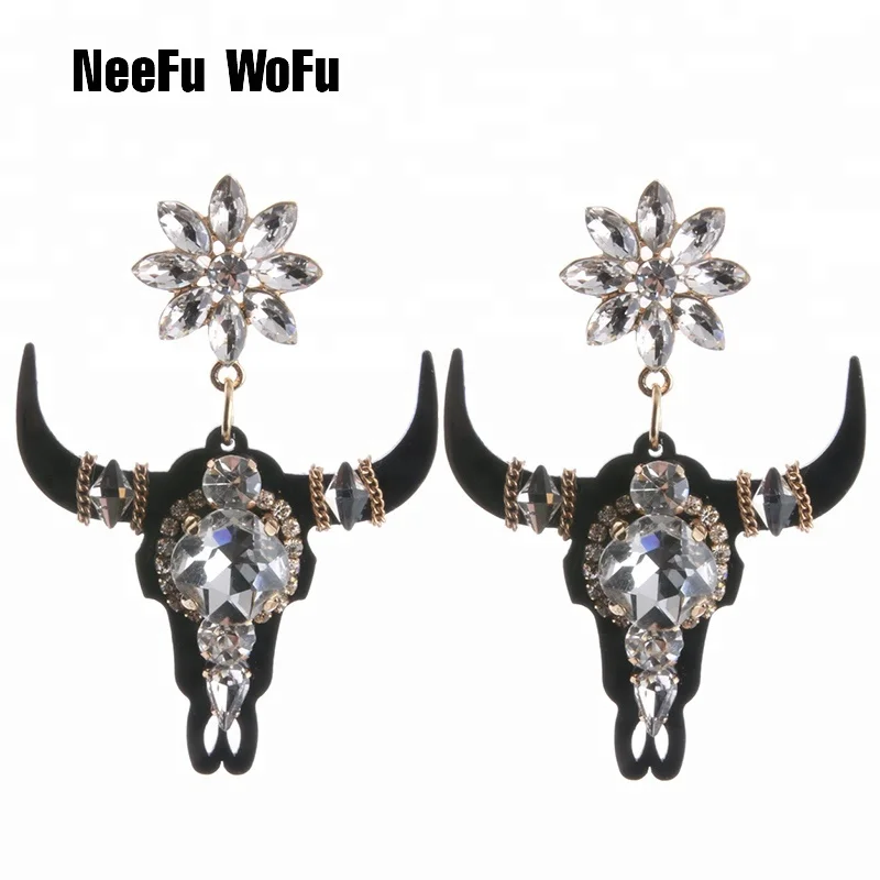 

NeeFu WoFu Bull Horn Earrings Resin Earring Glass Big Earring For Woman Crystal Large Long Brinco Ear Oorbellen Gift, Black