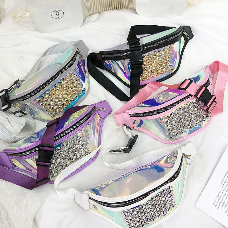 

2019 personality diamond fashion lady clear laser fanny pack, Pink, grey, purple, black , white or custom color