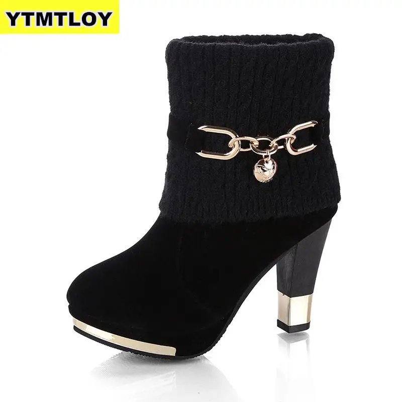 

2021 Women Ankle Boots Plus Size 35-43 Med Square Heels Ladies Snow Boot Feather Office Female Shoes Woman Botas Mujer Crystal