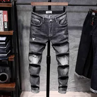 

High Quality Men's Fashion Ripped Destory Washed Smoky Gray Straight Jeans Stretch Denim