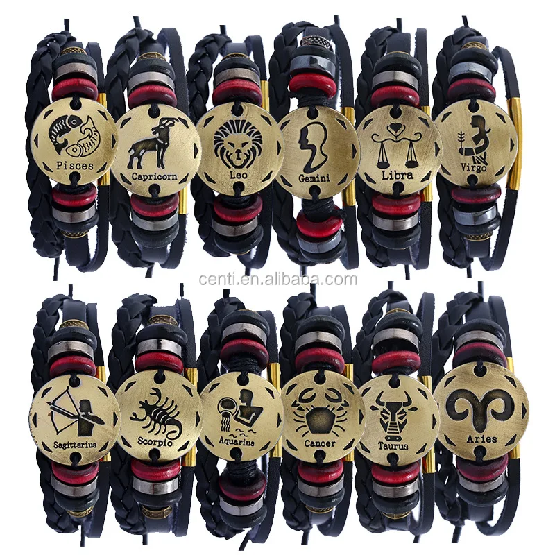 

Handmade Adjustable Horoscope Zodiac Sign Logo Plate Leather Bracelet