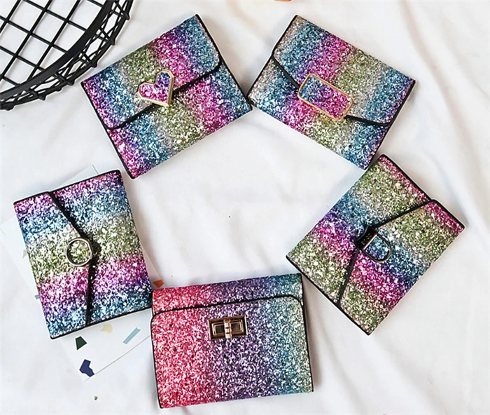 

2021 New design wholesale korean style fashion small short design girls women bling sequins glitter wallets for lady, Turn lock, half round button, small round button, long button,etc