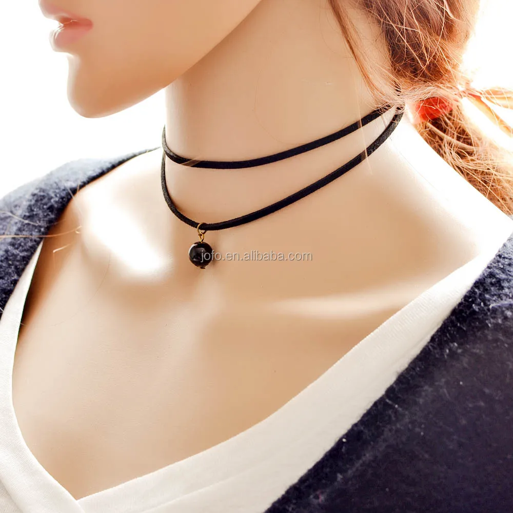 

Chic Gothic Double Layer Black Fine Velvet Retro Collar Necklace Handmade Ball Pendant Necklace XRJ0073