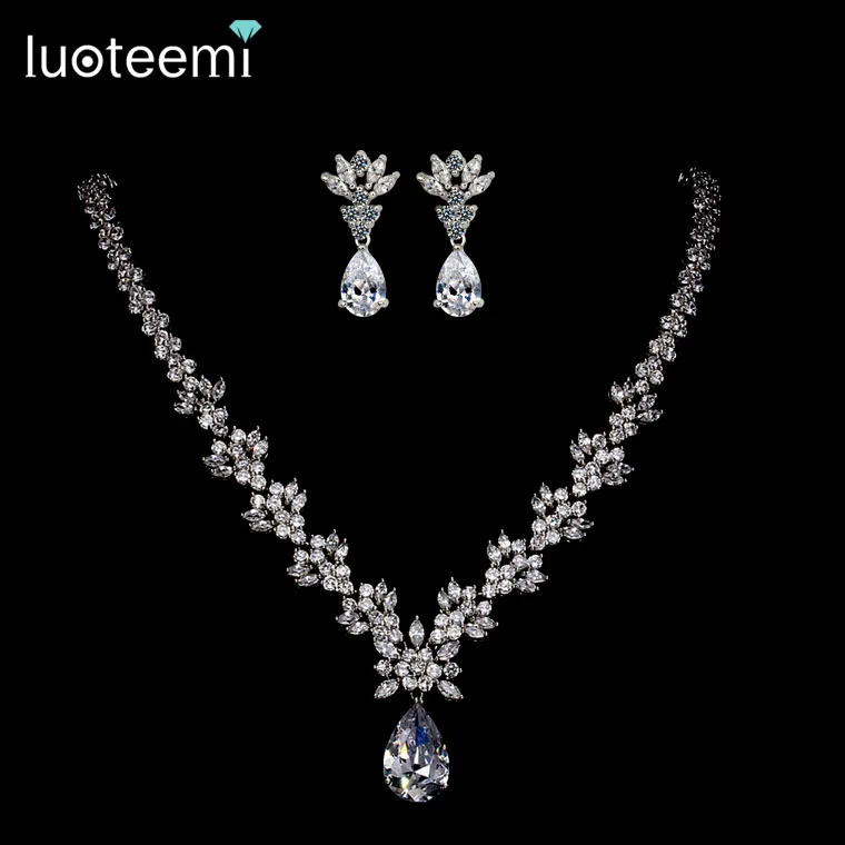 

LUOTEEMI NEW Style Arrive Fashion Pear Shape Crystal Zircon Wedding Jewelry Sets For Brides Luxury Jewelry Gifty