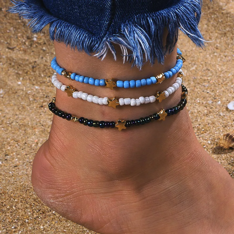 

3 pcs/set 2019 fashion colored rice beads beaded star anklets for women
