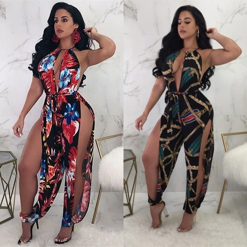 

Fashion Woman Sexy Hollow Out Club Wear Print Jumpsuit, Black/green