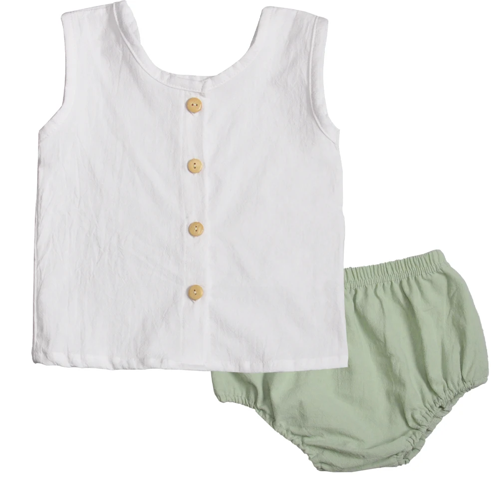 

conice newest bloomer linen baby clothes ready to ship pure linen fabric clothing sets, As the pic show