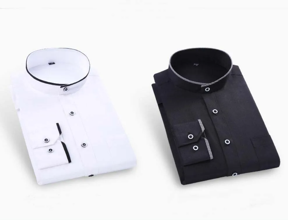 Mandarin Collar Long Sleeve Slim Fit Business Dress Shirts for Men