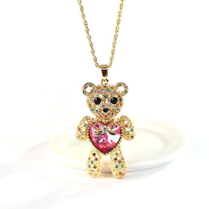 

18k Gold plated teddy bear necklace jewelry women, Blue;pink;purple;brown