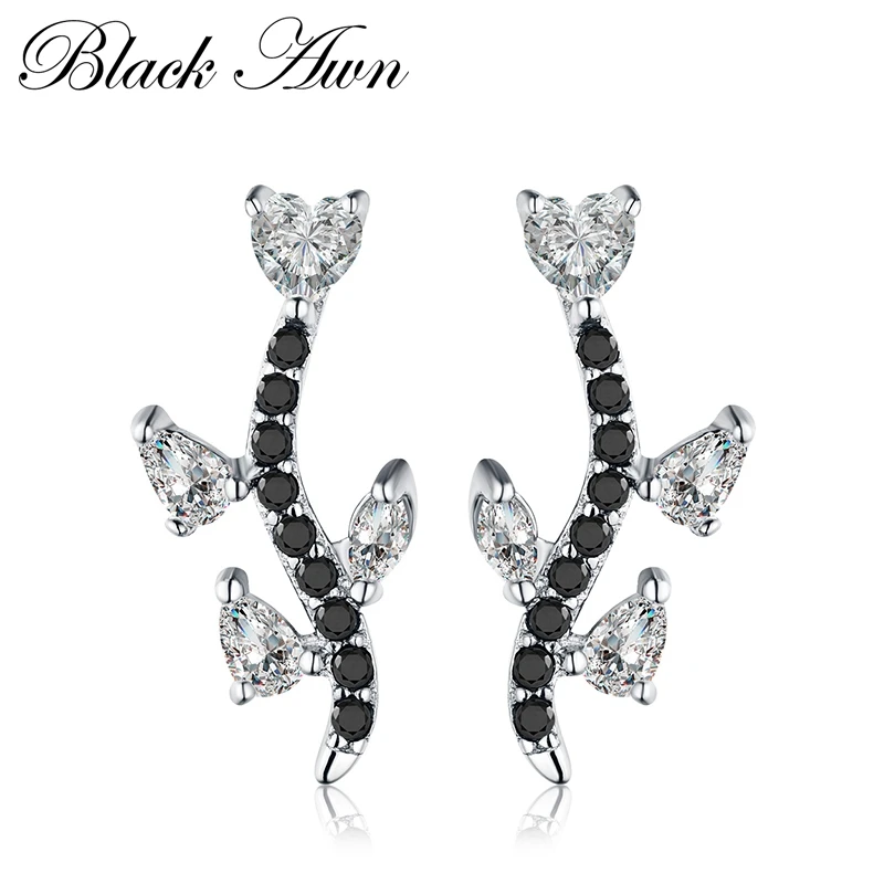 

[BLACK AWN] Genuine 925 Sterling Silver Fine Jewelry Black&White Stone Wedding Stud Earrings for Women T020
