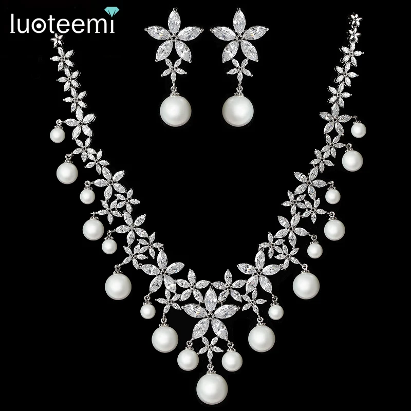 

LUOTEEMI Women Exquisite Rhodium Plated Sea Shell Pearl Clear Sparkling CZ Flower Luxury Bridal Wedding Jewellery Set