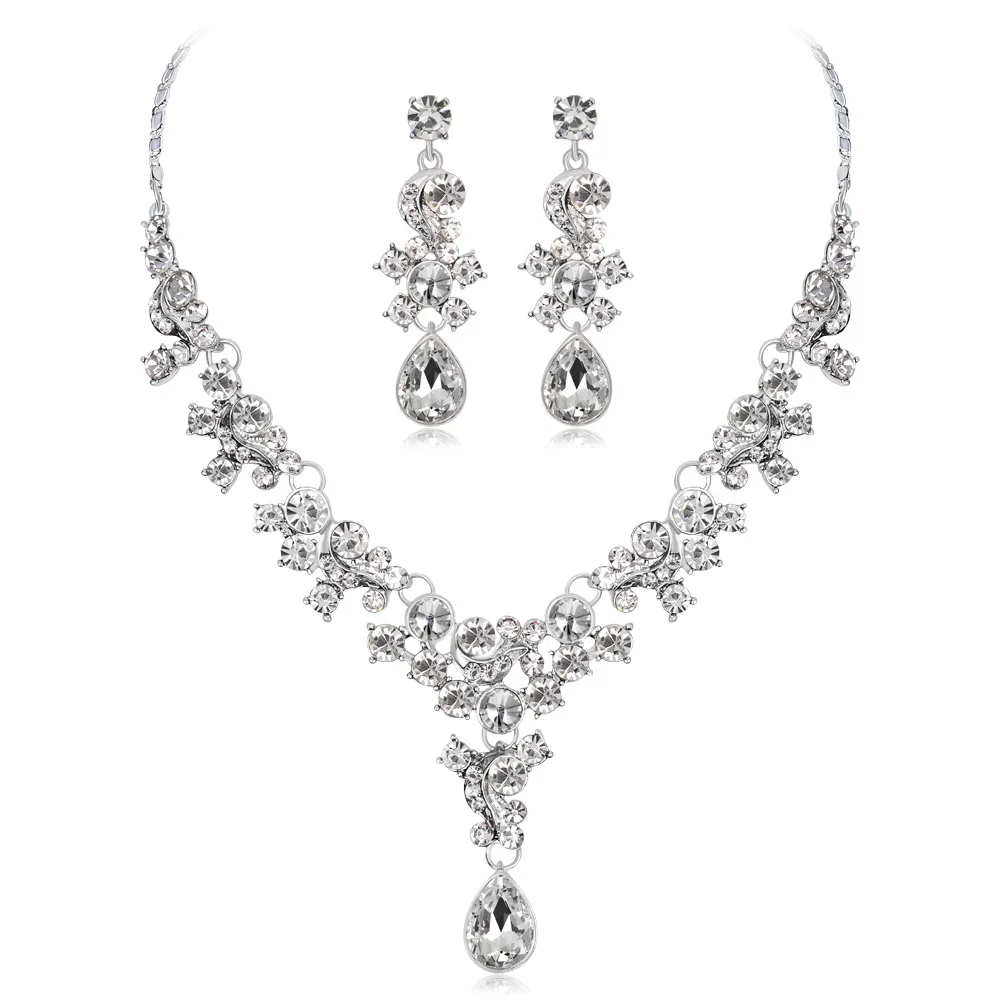 

Luxury Elegant Wedding Jewelry Sets for Bride Clear Crystal Necklace Earrings Sets Wholesale (KJ054), Same as the picture