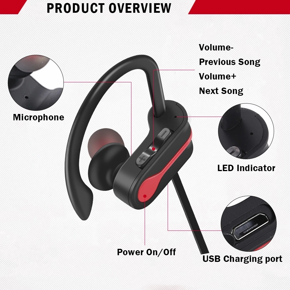Ipx7 Waterproof Handsfree Stereo Sports Bt Earphone & Headphone