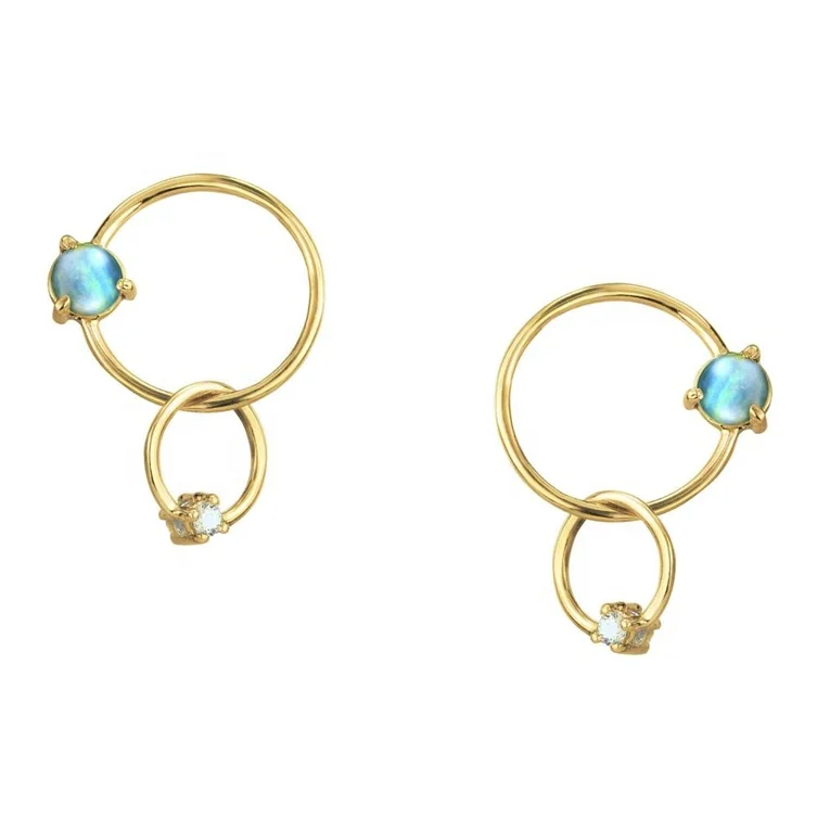 

Dainty jewelry minimalist opal stone double circle 925 silver earring