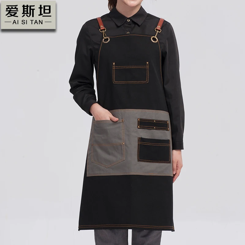 
wholesale cross back bib apron coffee shop jean apron fashion embroidered premium denim apron 
