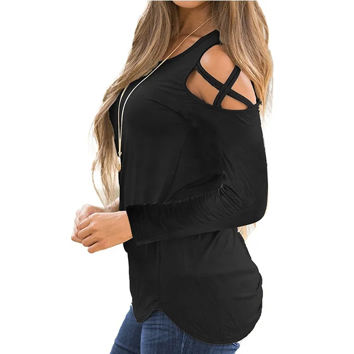 

New Hot Style Round Collar Long Sleeve Exposed Shoulder Women T-shirt, Black;grey;red;blue