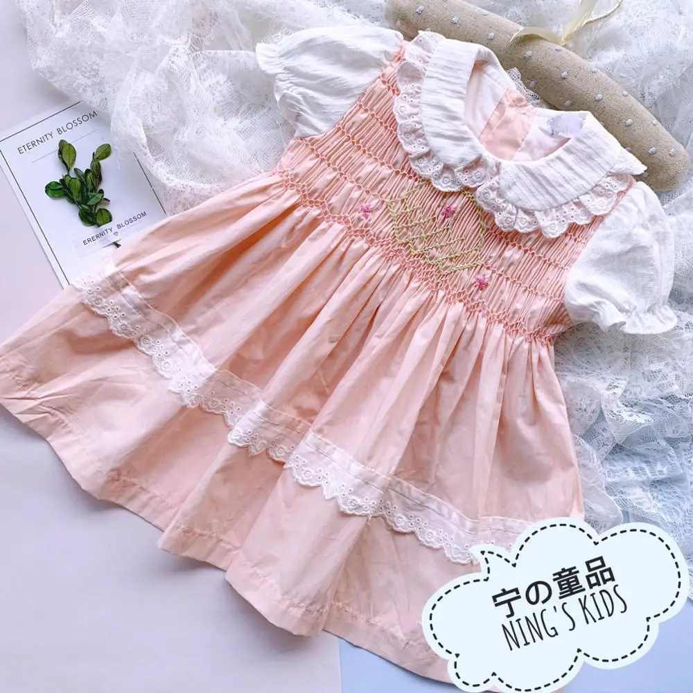 50s smocked Dress girl clothes yellow retro outfits peter pan collar puff sleeve cotton children clothes wholesale lots 570